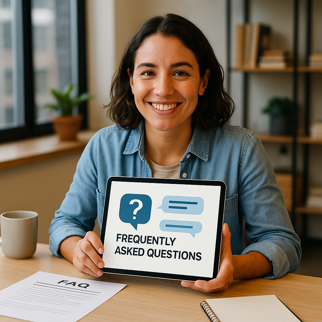 faq lady with logos